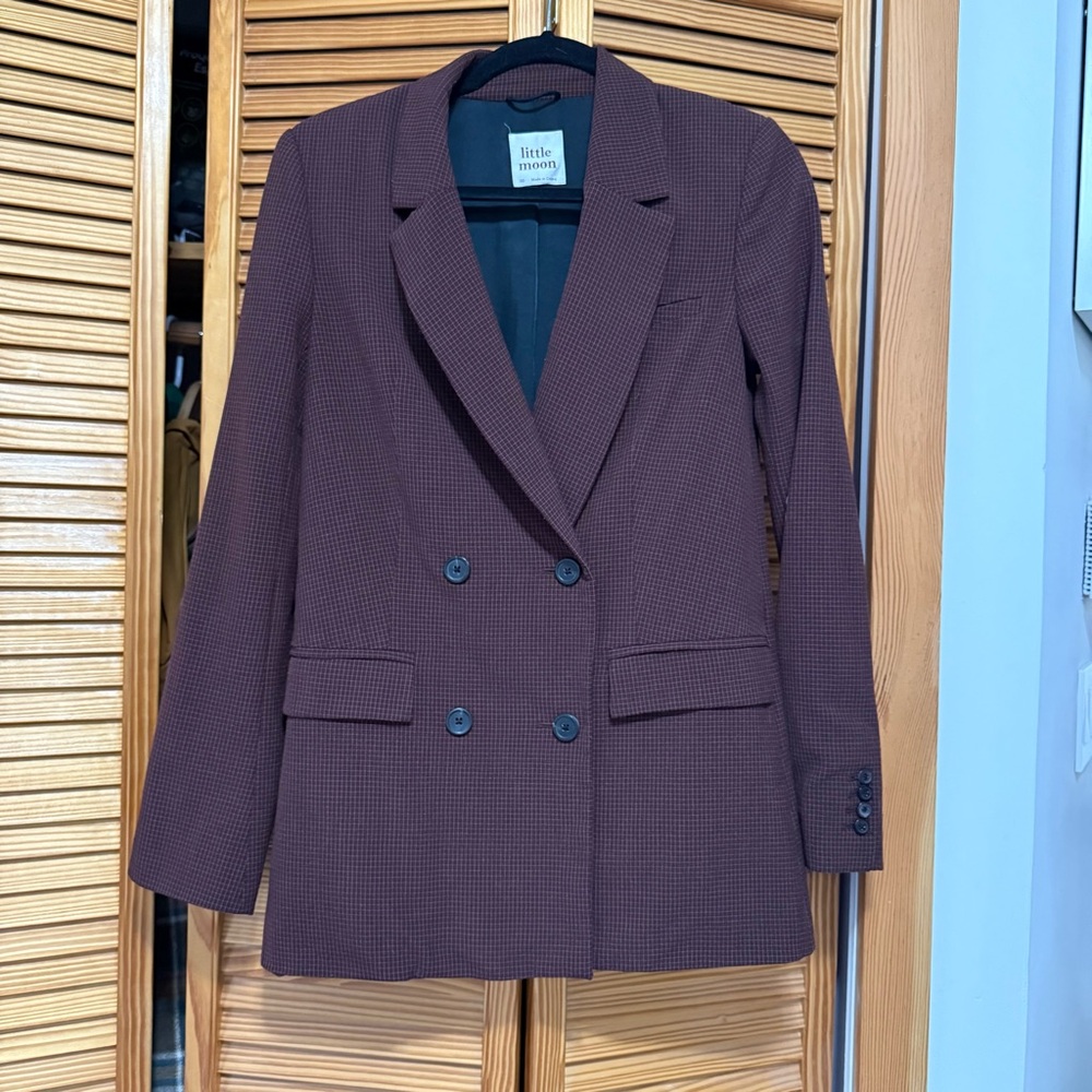 Aritzia Little Moon Double-Breasted Wine-Red Check Blazer